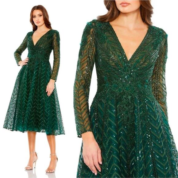 Mac Duggal 20399 Long Sleeve Sequin V Neck Midi Gown Dress Emerald Green Size 4 - Picture 1 of 9